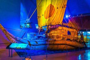 The famous Kon-Tiki raft on display inside of the Kon-Tiki Museum in Oslo, Norway.