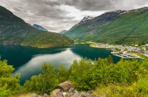The small village of Hellesylt, Norway not far from the famous Geirangerfjord.