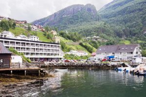 The exterior of the Havila Hotel Geiranger in Geiranger, Norway.