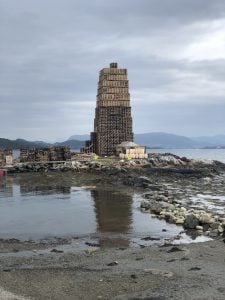 the bonfire of Slinningsbålet in progress of being built