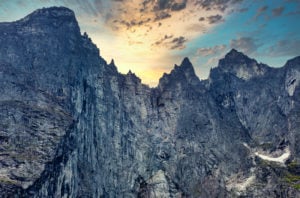 A view of Europe's tallest vertical rock face, Trollveggen (Troll Wall).