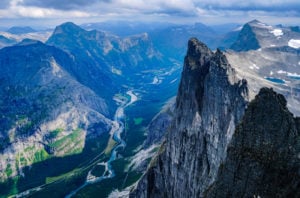 A view of the tallest vertical rock face in Europe, Trollveggen, or the Troll Wall.