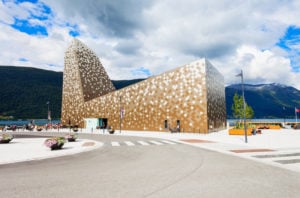 A view of the striking Tindesenter Museum in Åndalsnes, Norway.